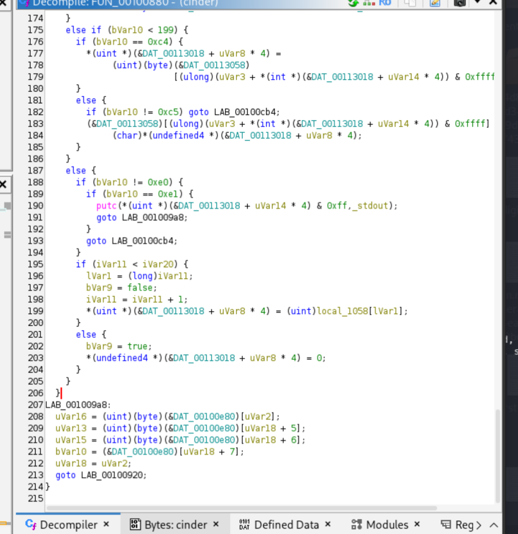 Decompiled switch statement revealing the VM instruction set